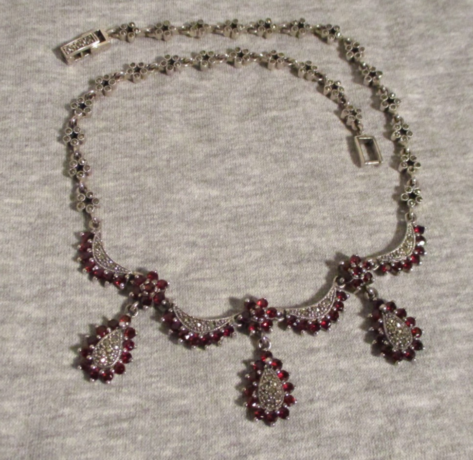 vintage GARNET necklace Sterling Silver 925 Czech 2 oz. sparkly Marcasites 17.5″