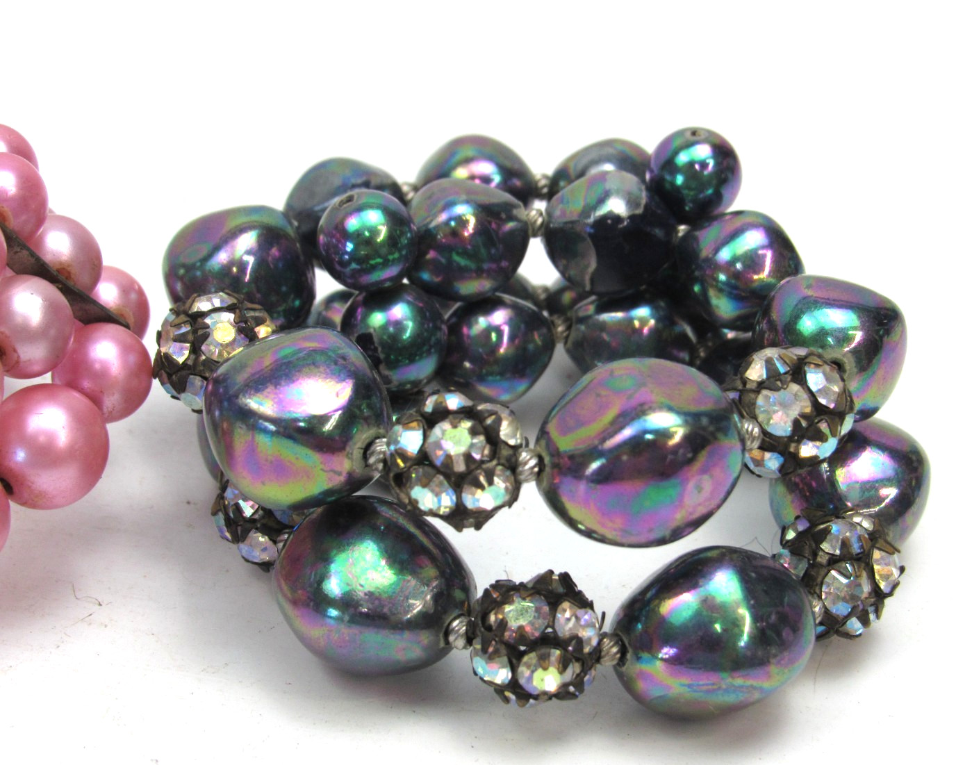3 Vintage Beaded Stretch Cuff Bracelets Lot Pink Iridescent Rhinestone