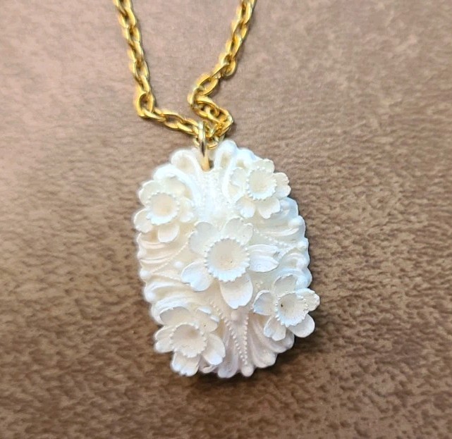 Vintage Lightweight White Carved Celluloid Flower Earrings and Necklace Set