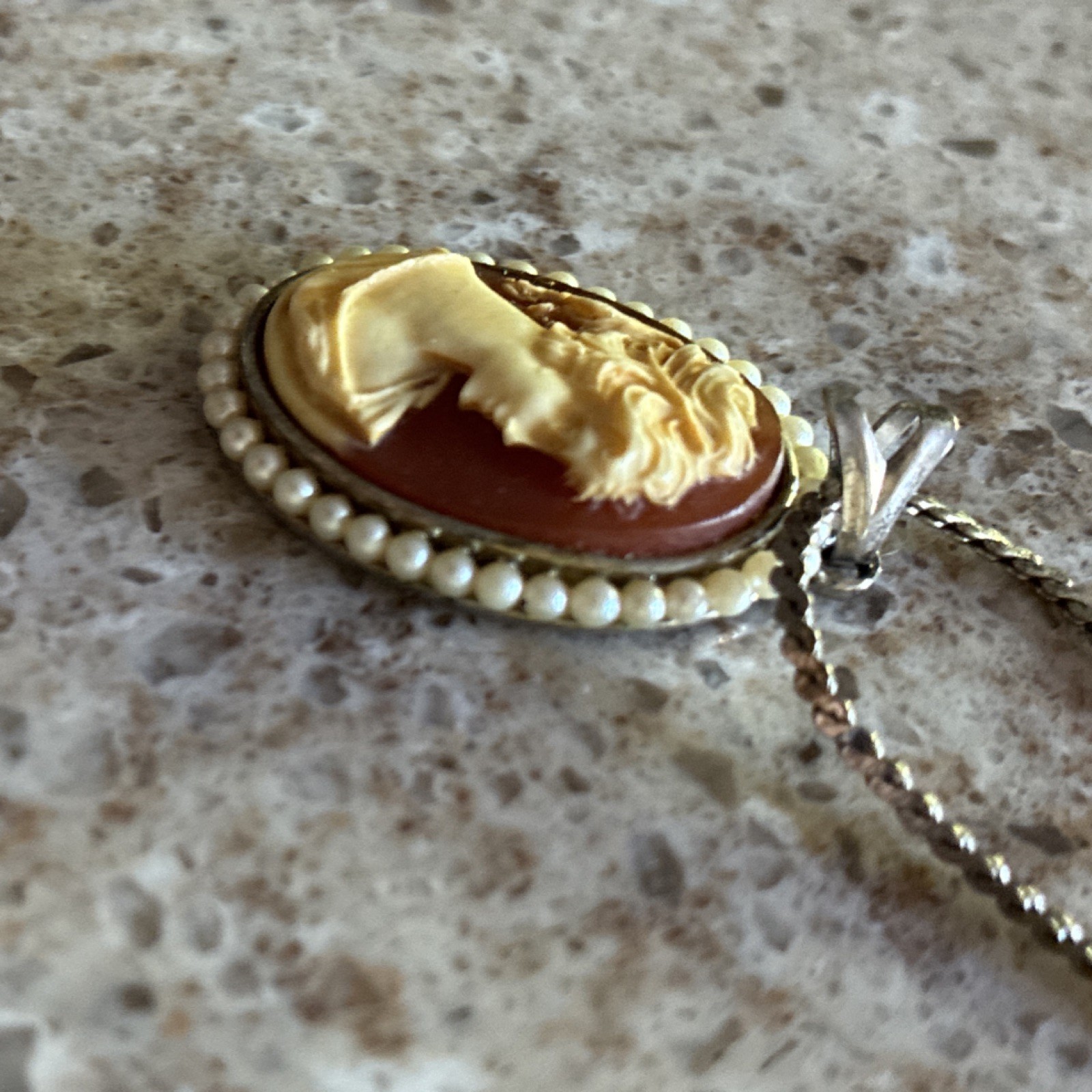 GENUINE Hand Carved Cameo Pendant Necklace with Pearl Border