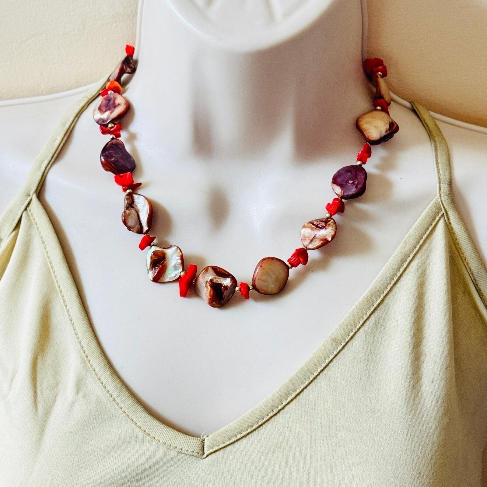 VTG BOHO chunky Coral Abalone Shell Natural Necklace Collar Genuine Beads 17″L