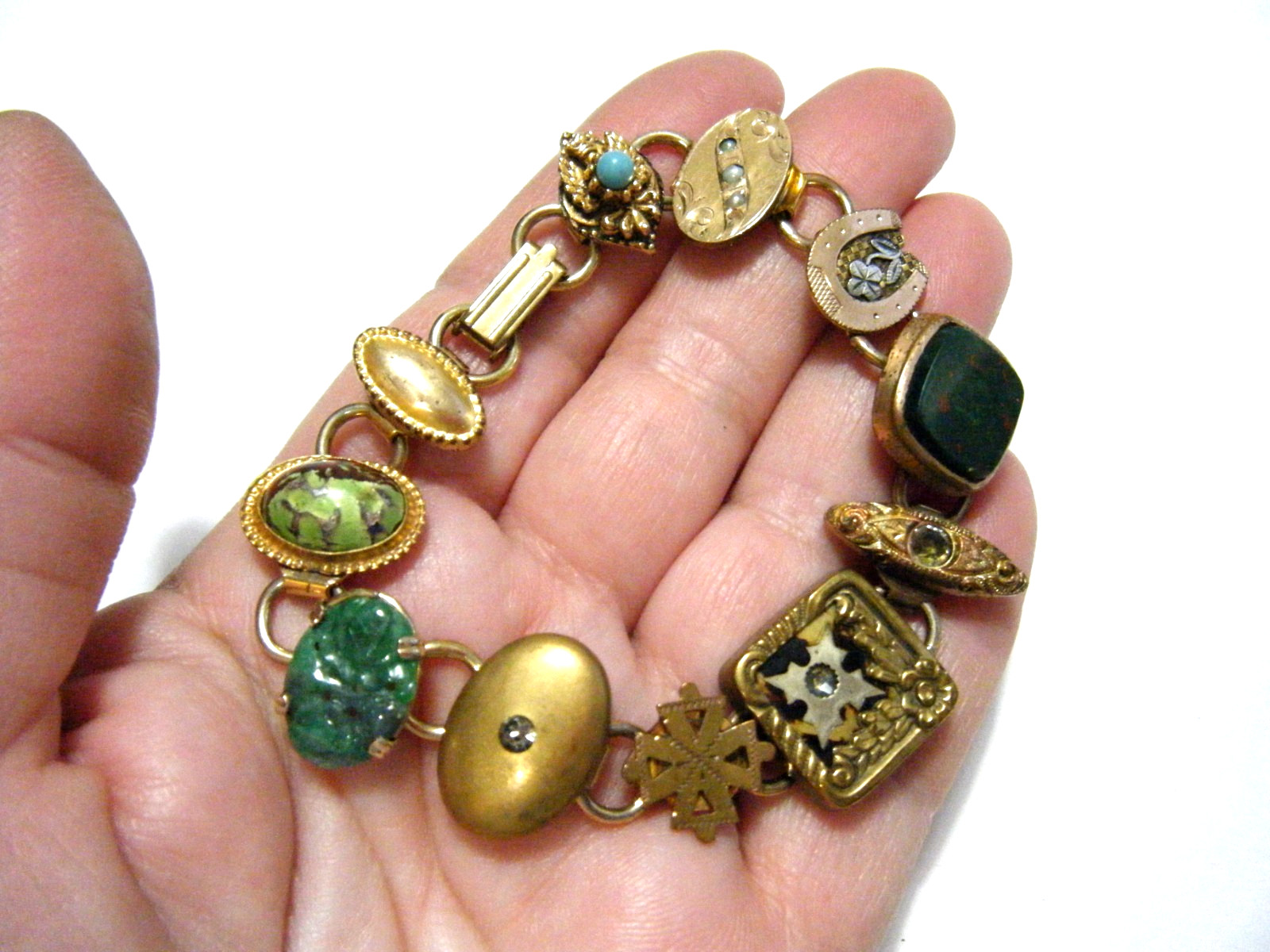 7 3/4″ Long Real Antique Buttons Bracelet Gold Fill Bloodstone Jade Seed Pearls