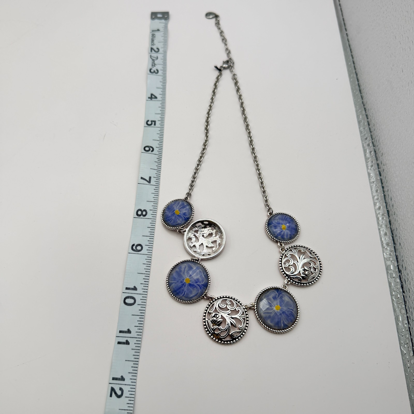 Vintage 90s Silver Tone Blue Flower Glass Cabochon Classic Fashion Jewelry Set