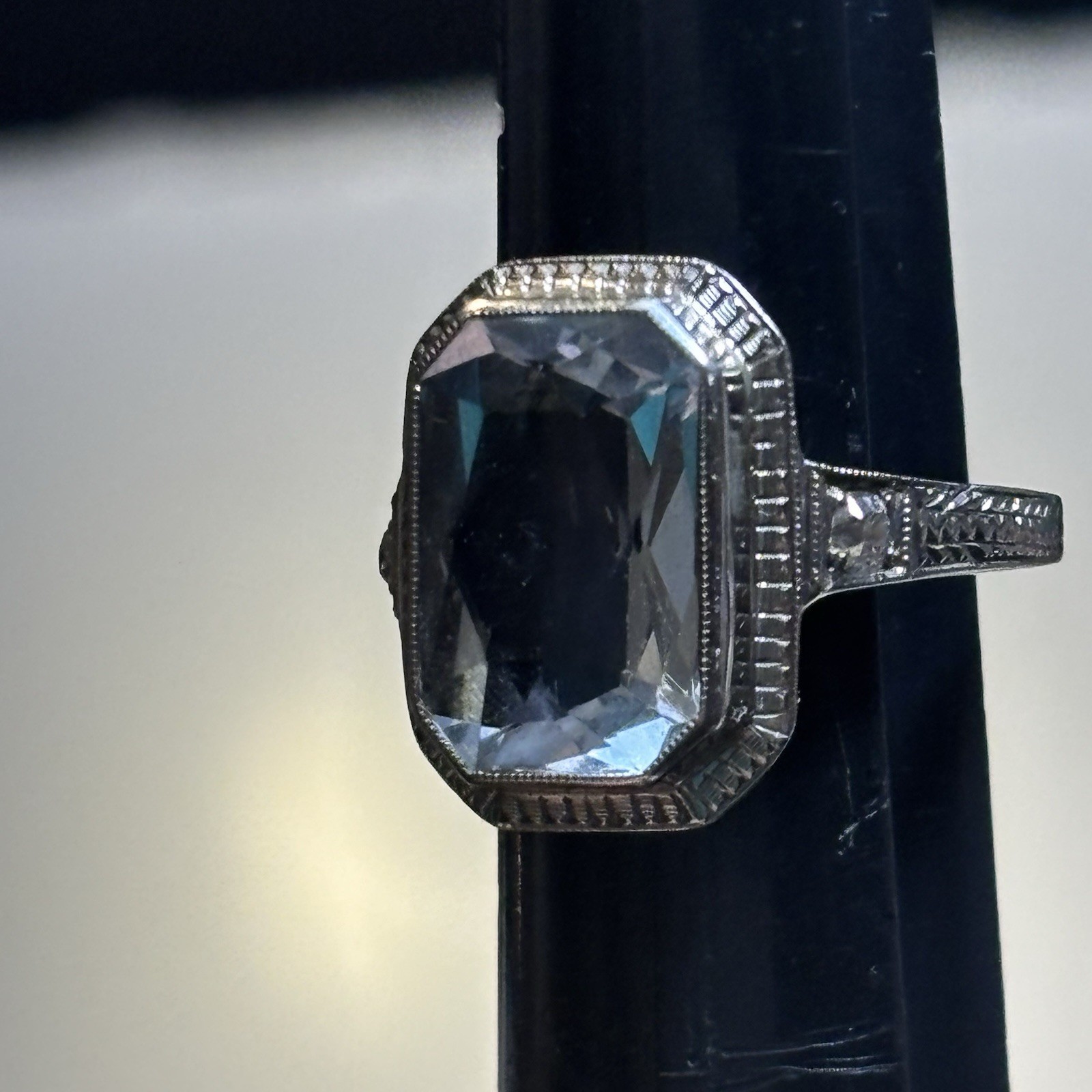 Vintage 14k White Gold Aquamarine Ring Art Deco Style Emerald Cut Estate
