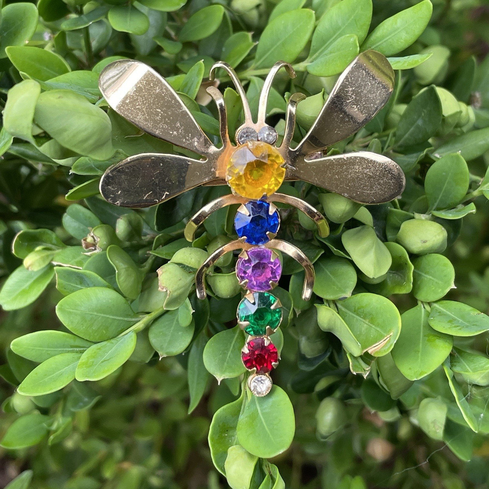 Vintage Coro Dragonfly Brooch Multi Color Rhinestone Bug Rainbow Signed Pin