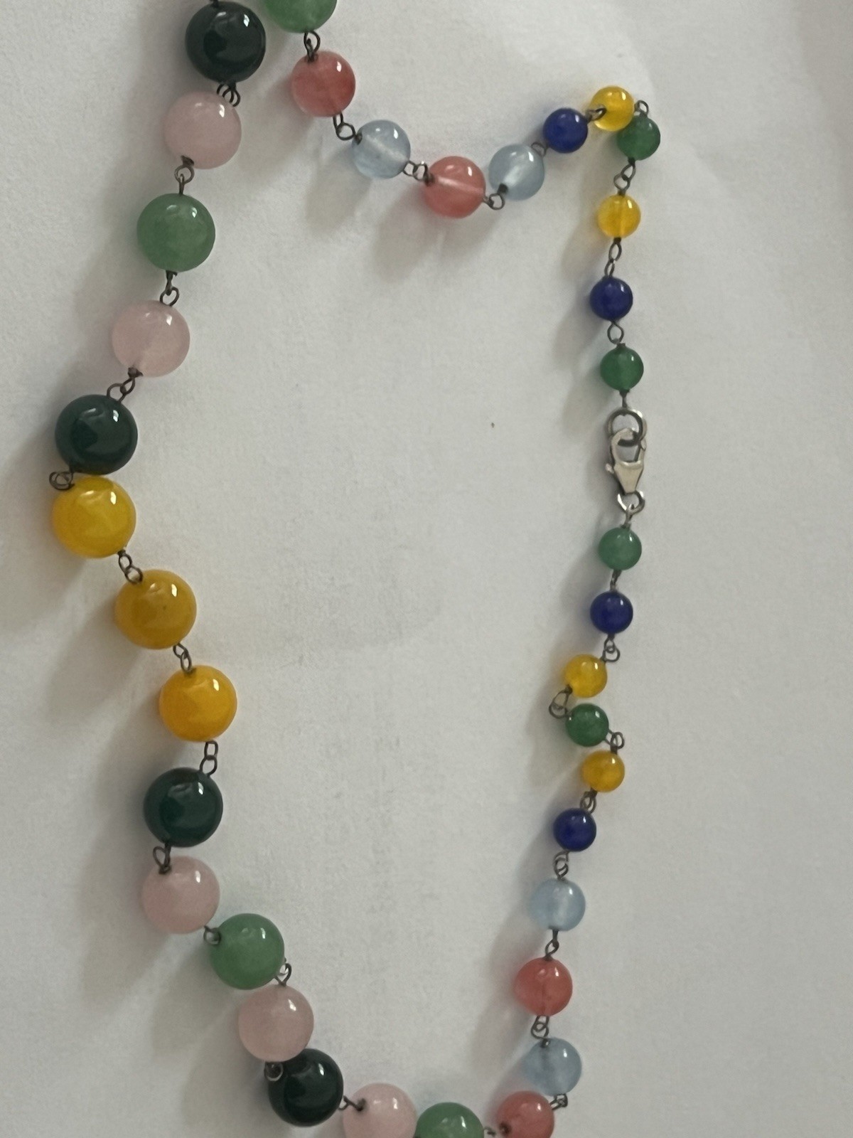 Vintage hand-knotted necklace strand of Vibrant Multi Colored Stones 925 Clasp
