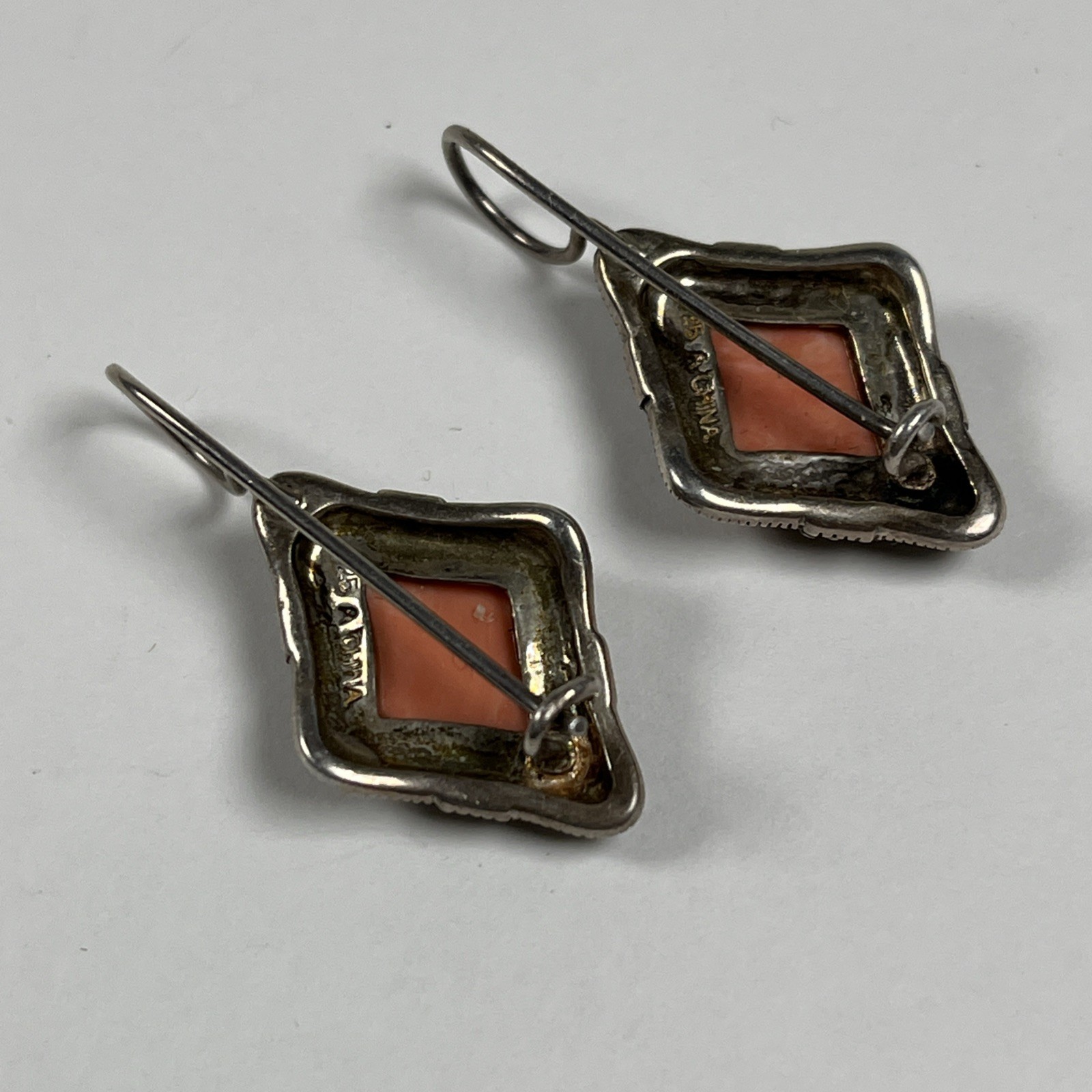 A 925 Vintage Sterling Silver 925 Marcasite Faux Coral Dangle Earrings 6.9g