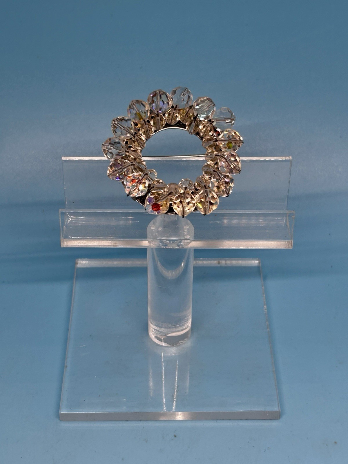 Vintage Clear AB Aurora Borealis Crystal Beaded Round Open Wreath Brooch Pin