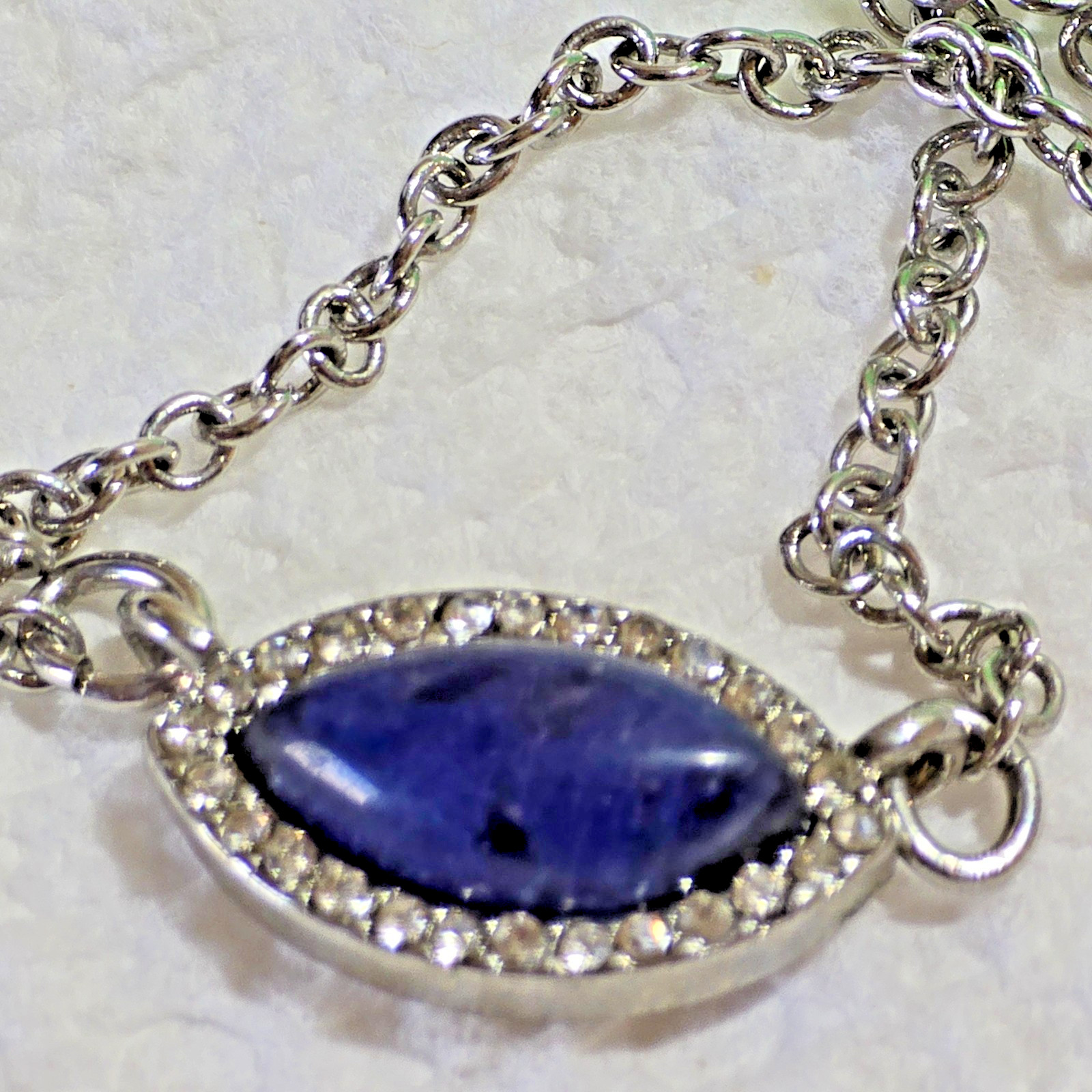 Vntg Blue Iolite Marquise Cabochon Necklace Silver Tone Pavé Rhinestone 18 In