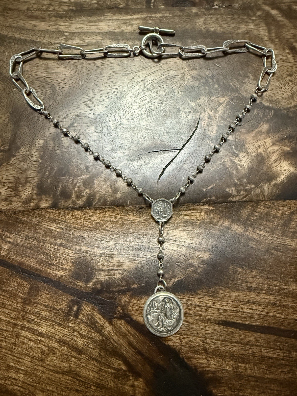 Vintage Silver Rosary Necklace with Long Flat Links and Metal Beads, Reversible