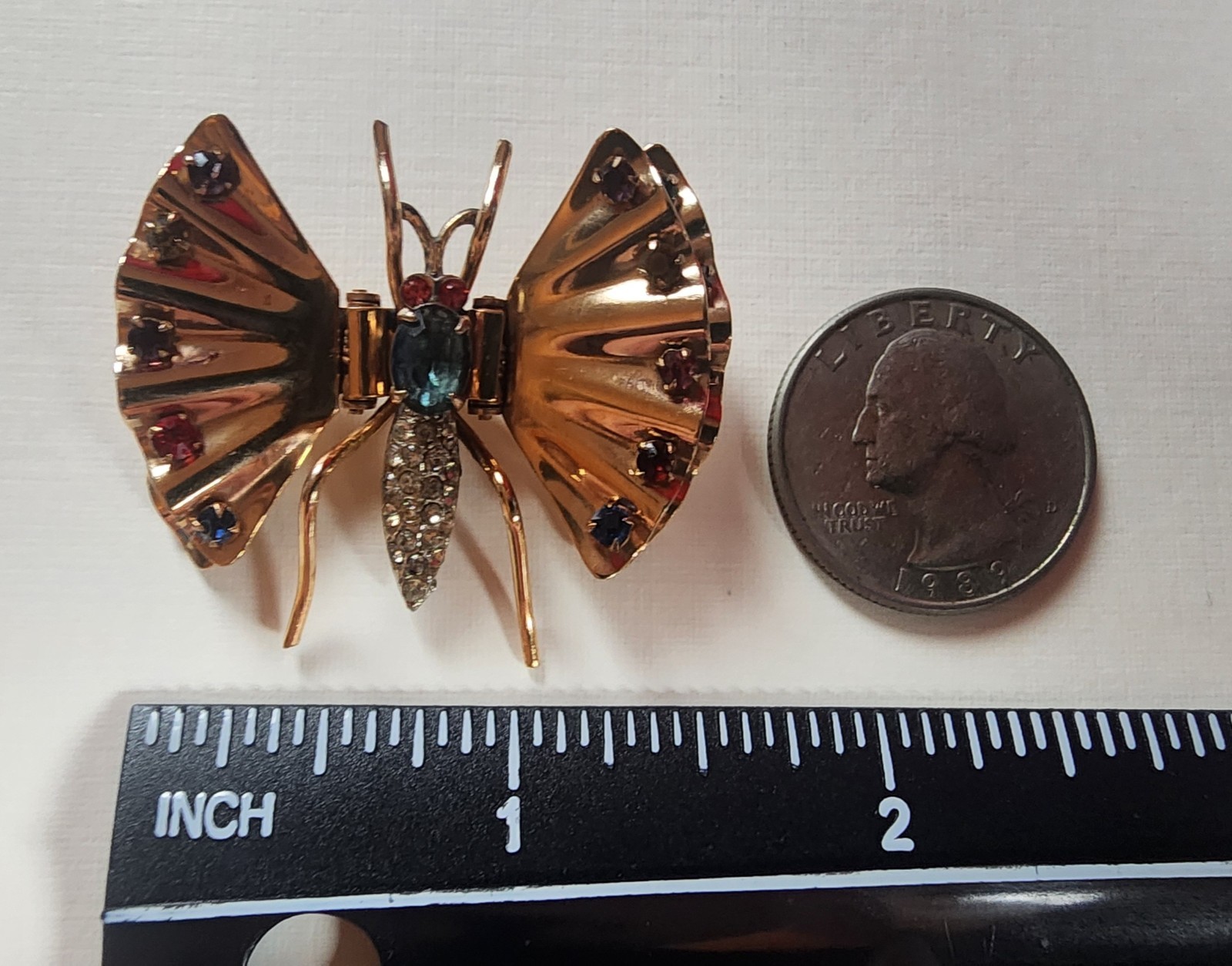 Rare Antique Charles Reis 12k Gold Filled Butterfly With Rhinestones Pin Brooch