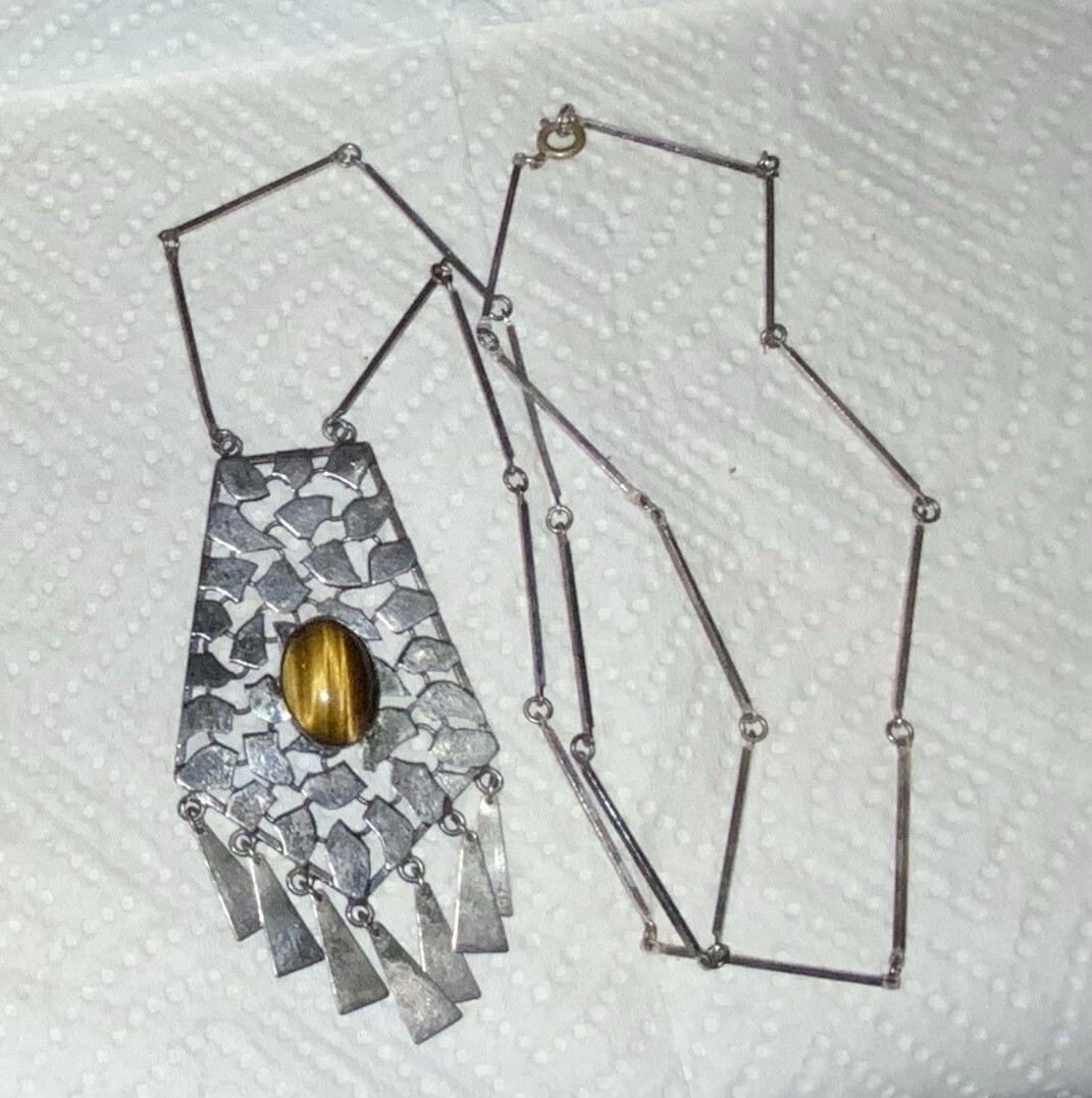 Vintage Silver Plate Metal Tiger Eye Stone/Gem Dangle Necklace, Israel