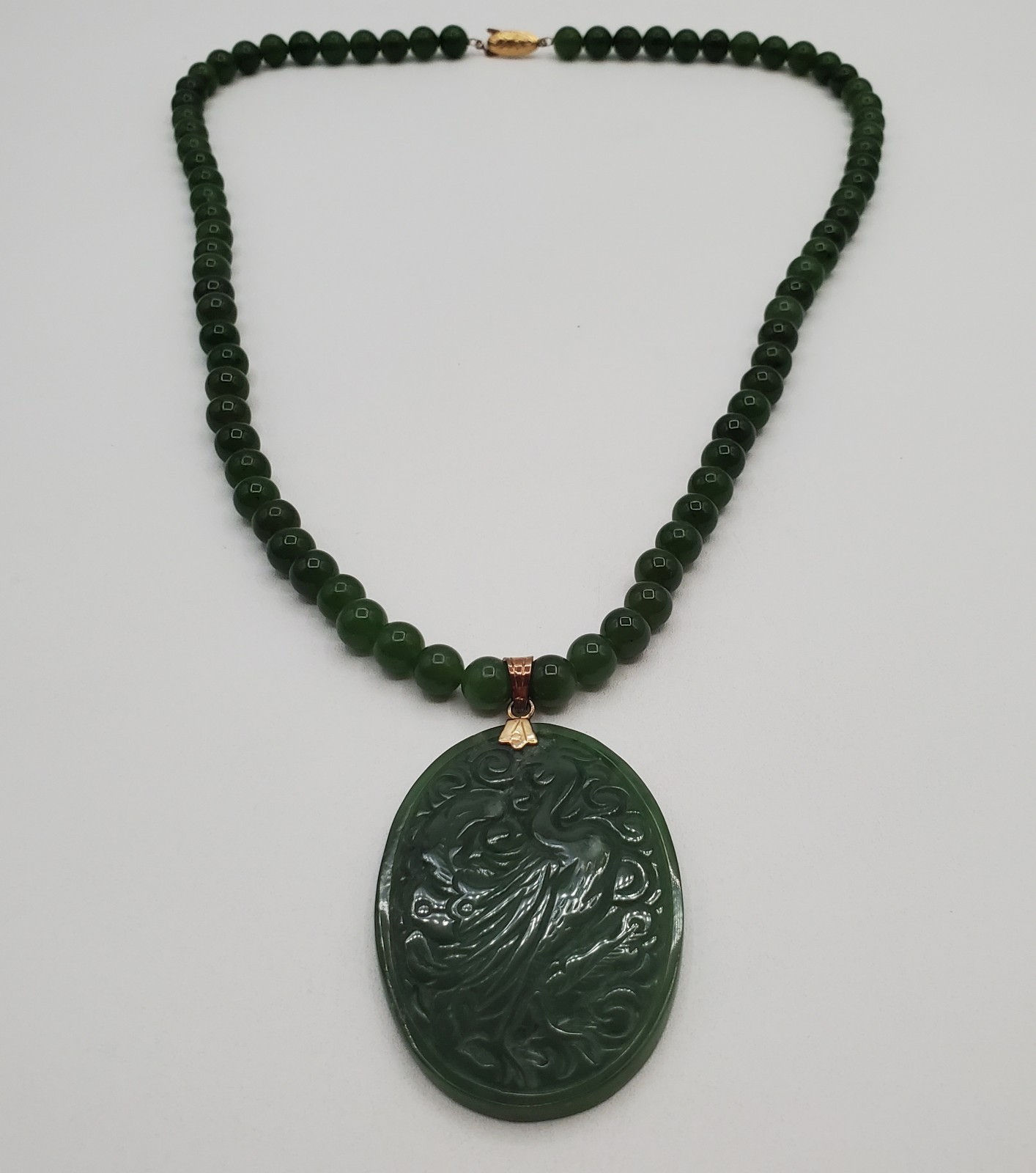 VTG 925 Spinach Jade Crane Dragon Pendant 24in Bead Necklace Carved Reversible