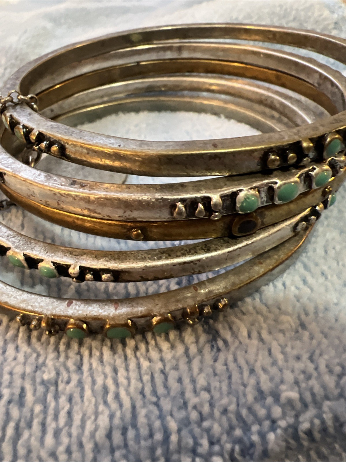 Vtg Brass Silver Tone 5 Stacking Southwest Turquoise Enamel Bangle Bracelet Lot