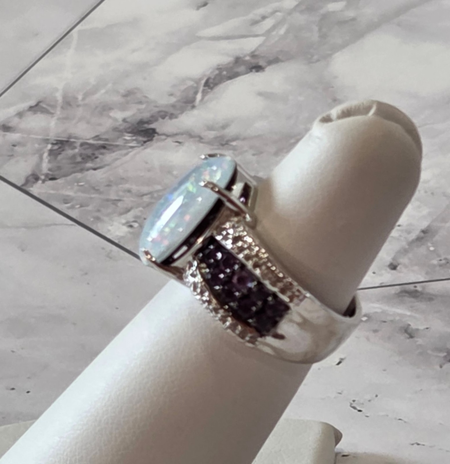 VINTAGE 925 Silver signed JZ Oval Aquamarine & Amethyst Accent Ring sz 5