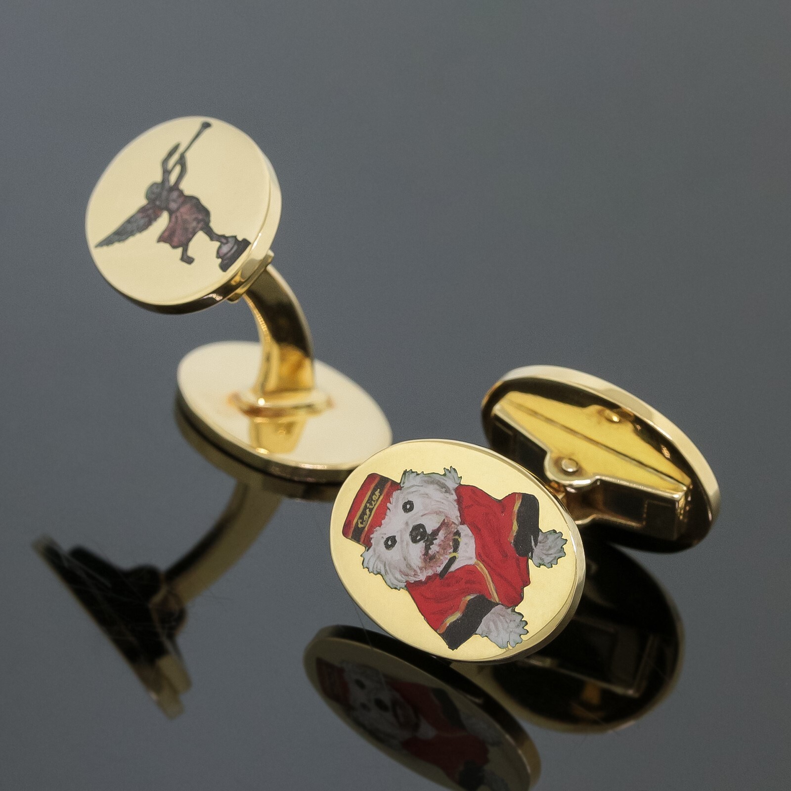 Vintage Deakin & Francis for Cartier Oval Enamel Dog Cufflinks 18K Yellow Gold