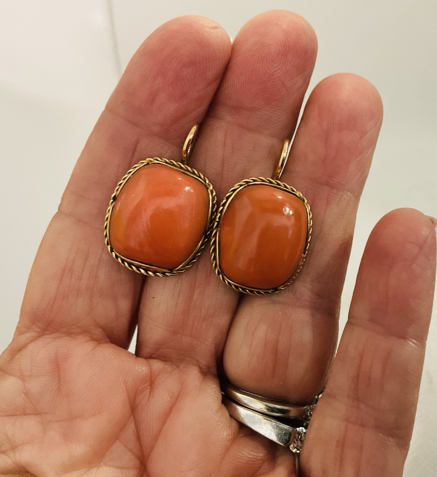Vintage 14k Gold Natural Red Coral Cabochon Earrings