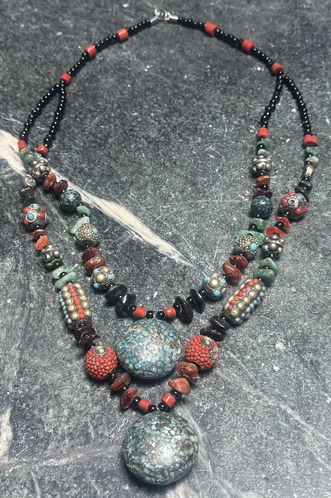 Vintage Tibet Silver, Coral and Turquoise Double Pendant Necklace
