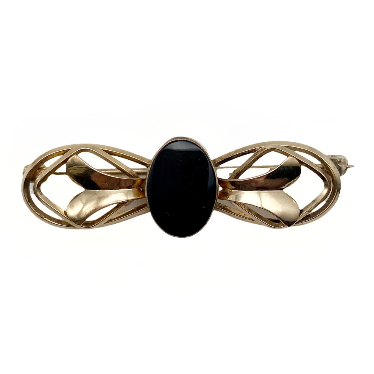 Vintage Carl Art 12K GF Genuine Onyx Bar Brooch Openwork Ribbon Mini Pin 1.8”