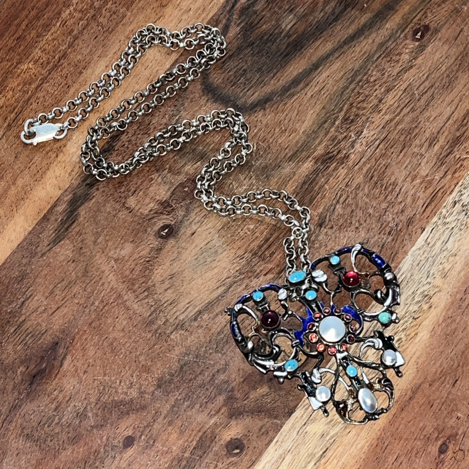 Antique Hermann Bohm AUSTRO HUNGARIAN Garnet Turquoise Silver Pendant Necklace
