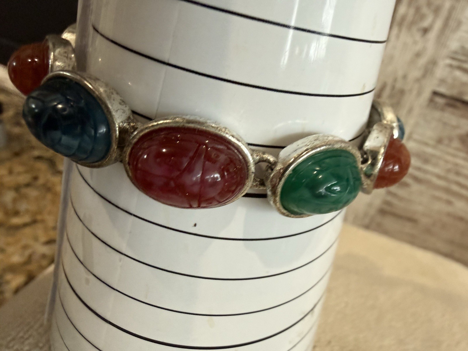 Vintage Scarab Bracelet Multicolor Silver Tone Magnetic Close 7”