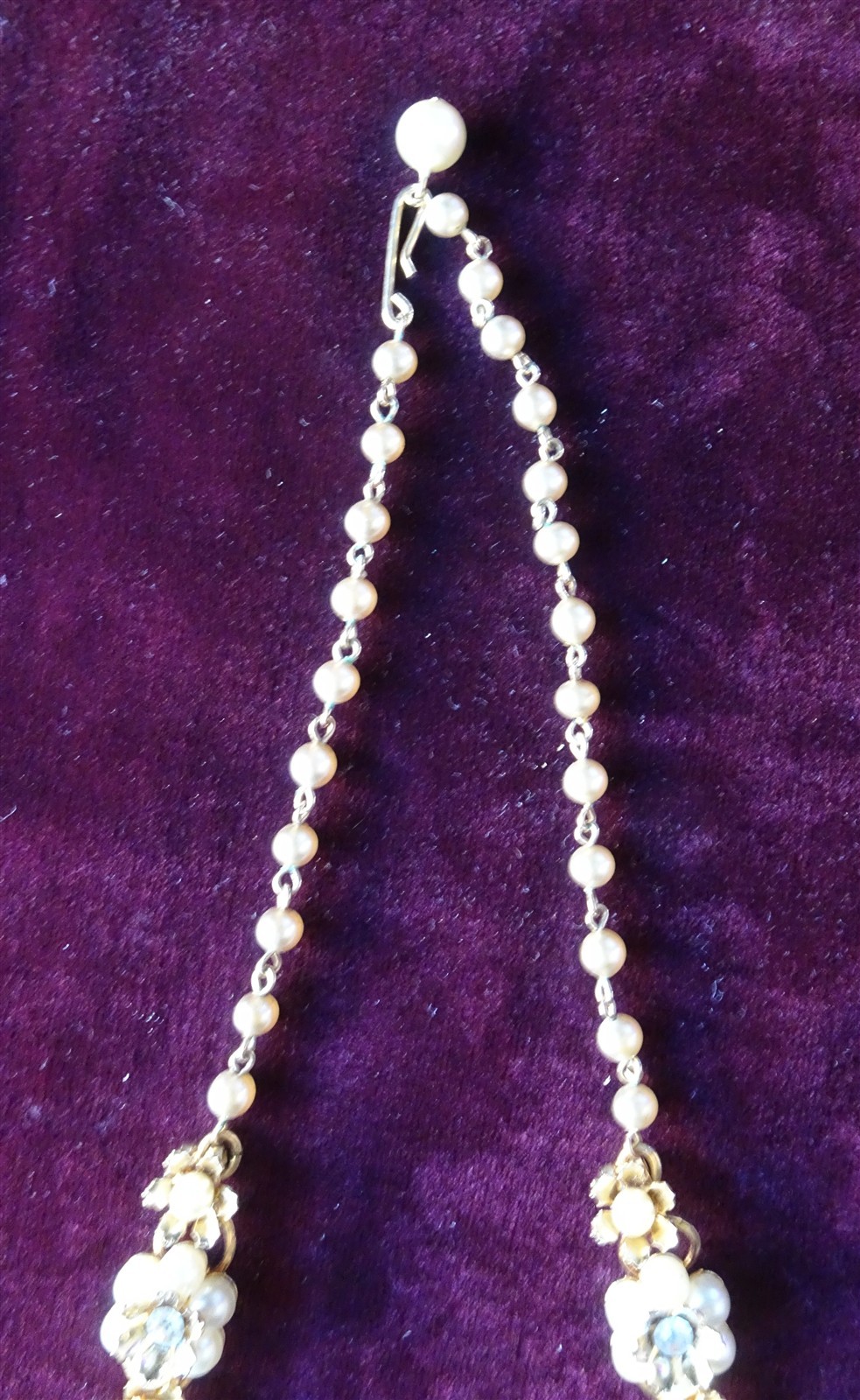 Vintage Gold Tone Necklace with Faux Pearl & Diamond Flowers, Ball & Hook Clasp