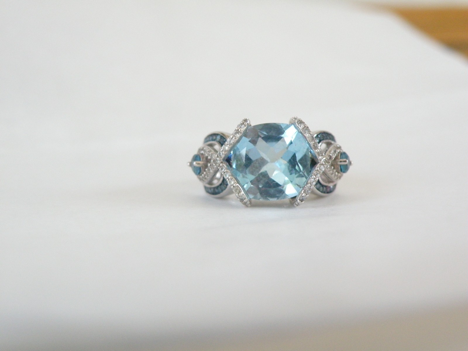 Vintage Style Sterling Silver 925 Natural Heated Blue Topaz Diamond Ring Size 6