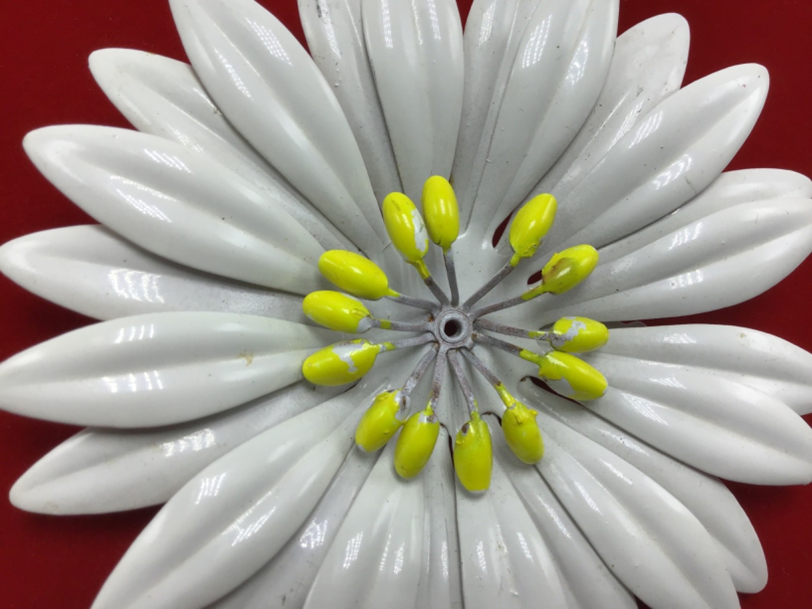 Vintage White Enamel Daisy Flower Brooch Pin Yellow Center Layered Petals Retro