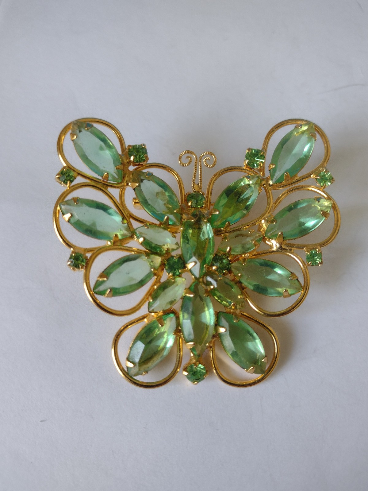 Unsigned Light Green Baguette Rhinestone Butterfly Brooch or Pendant