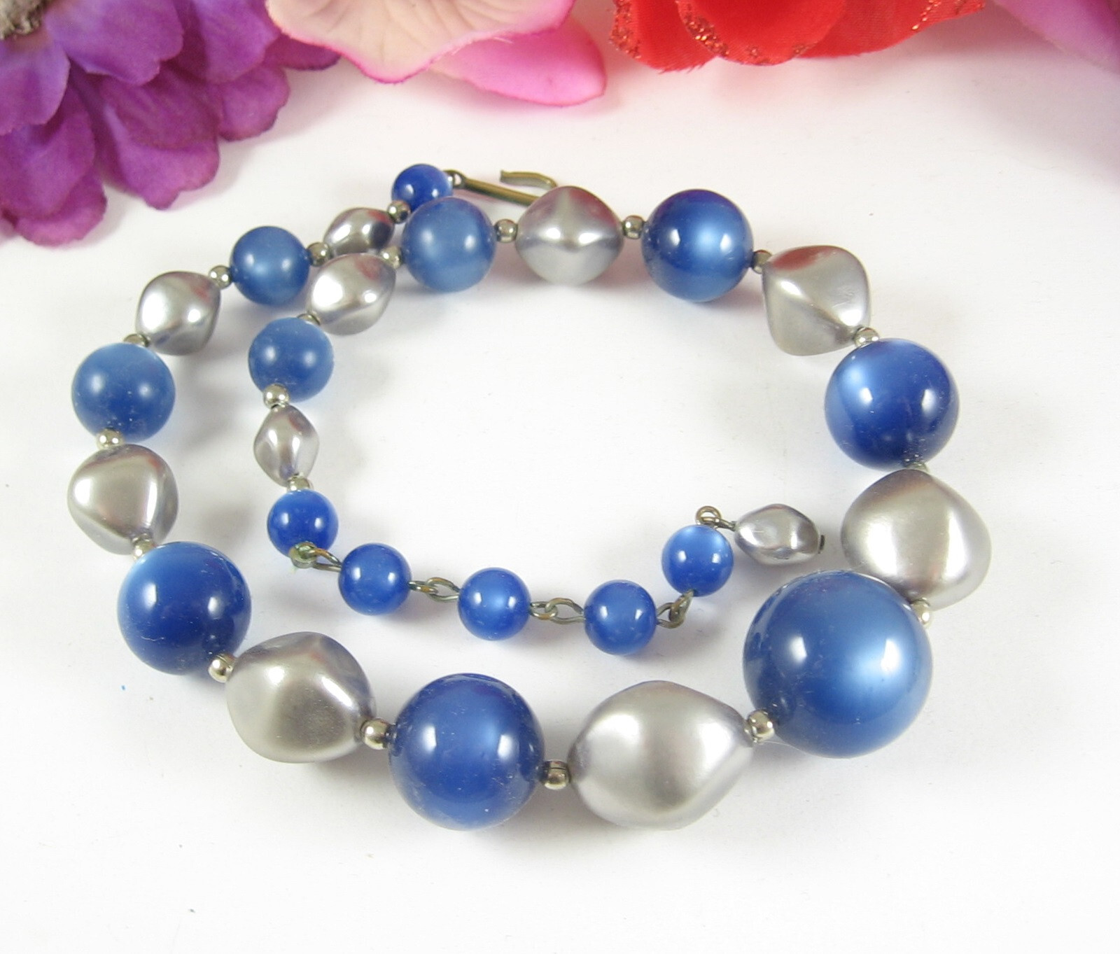 Vintage BLUE & SILVERtone Beads Thermoset BEADED NECKLACE + EARRINGS Clip On