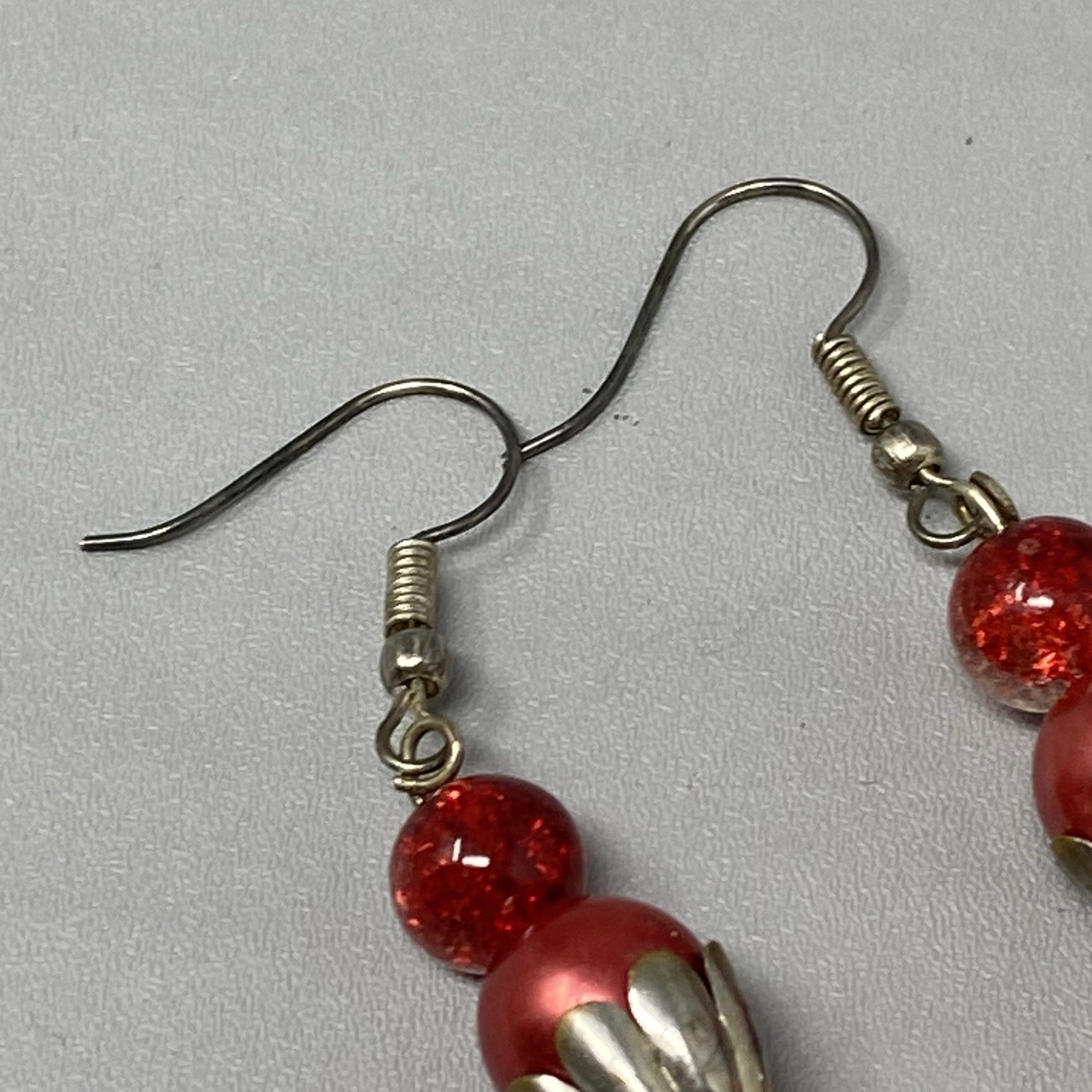 Red Glass Dangle Earrings Fused Heart Crackled Pierced Silver Tone 2.5″