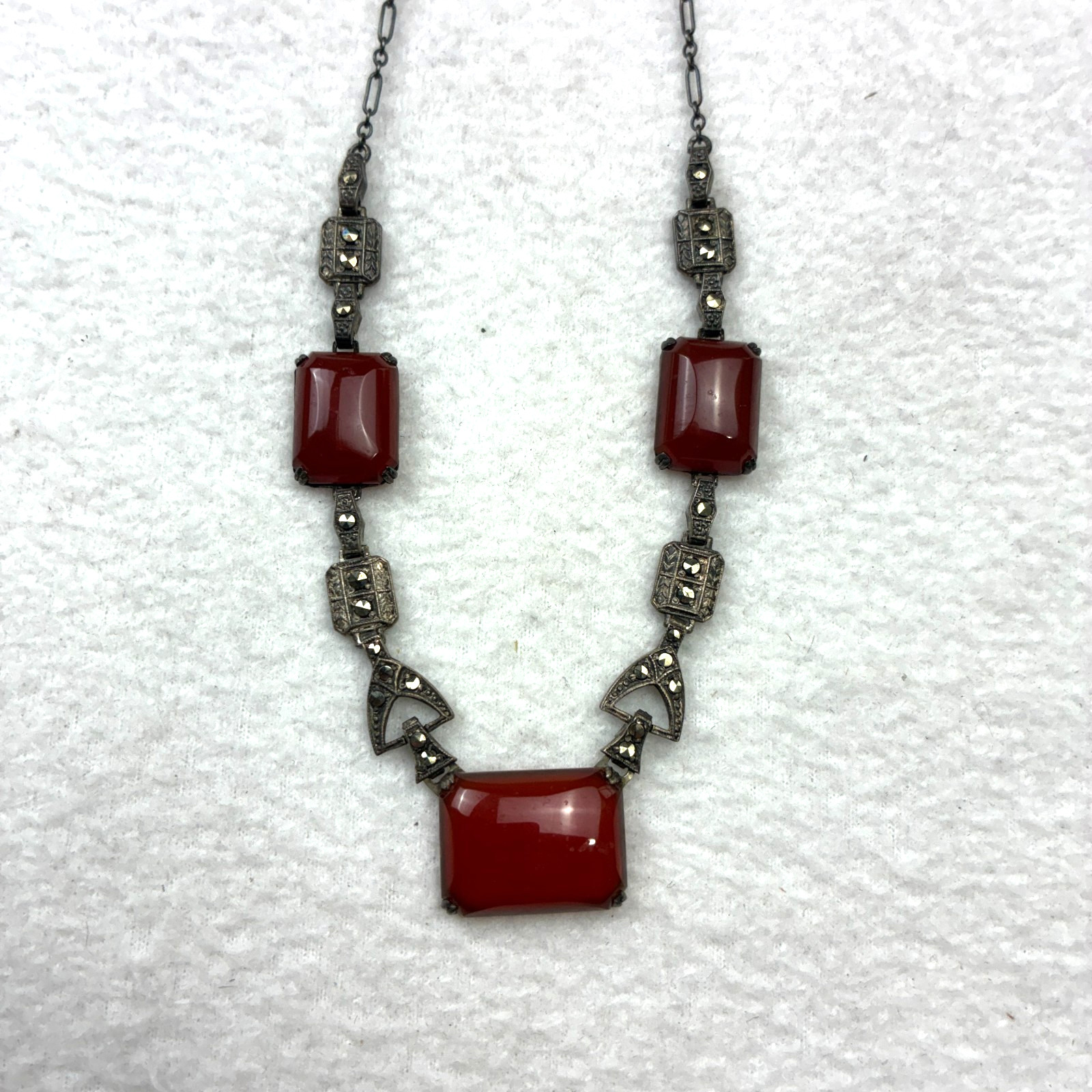 Antique Art Deco Carnelian Glass Sterling Silver & Rhinestones Necklace 16″