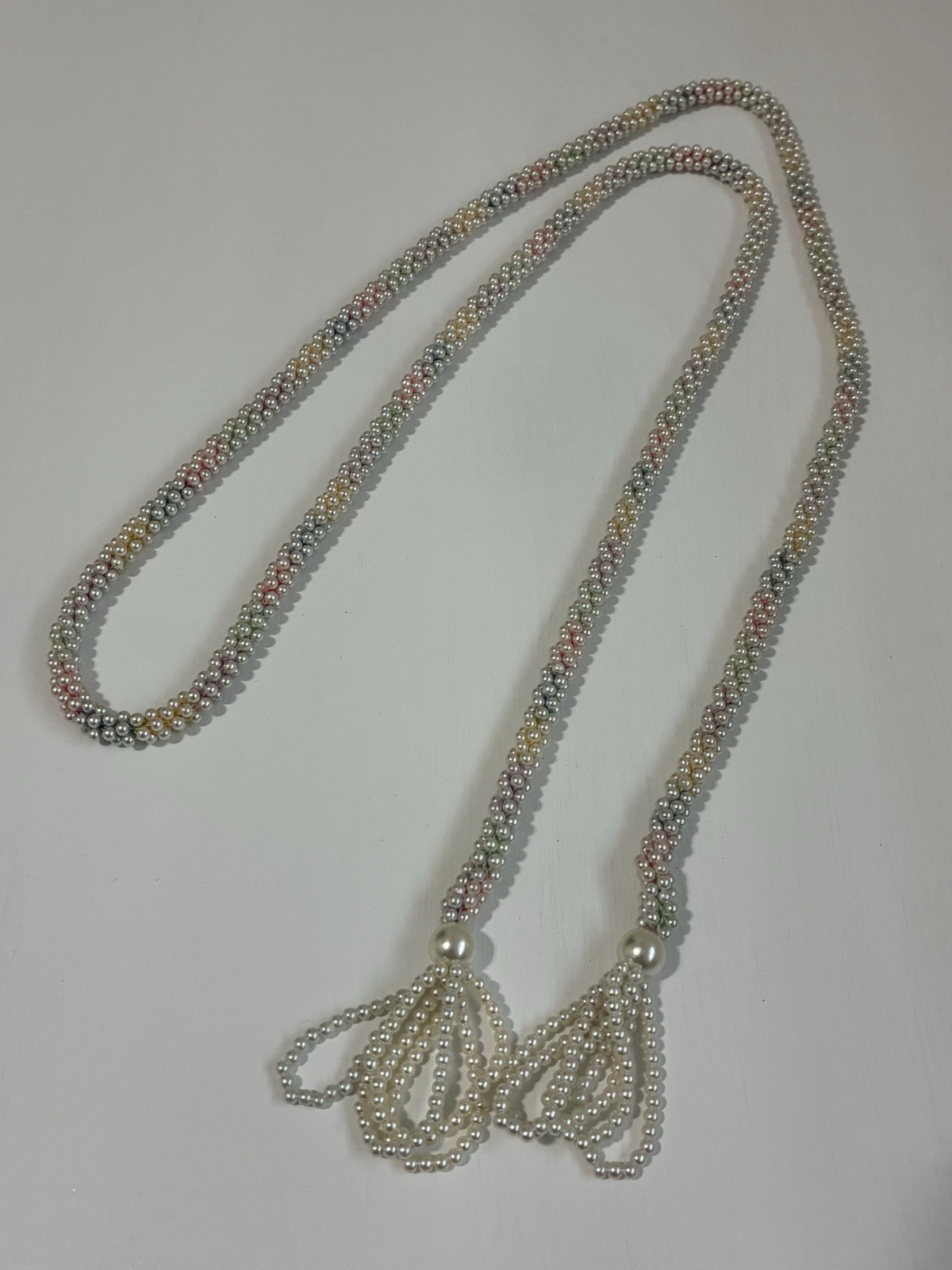 Vintage Faux Pearl Lariat Tassel Necklace. May also be used as a belt. 55” Long