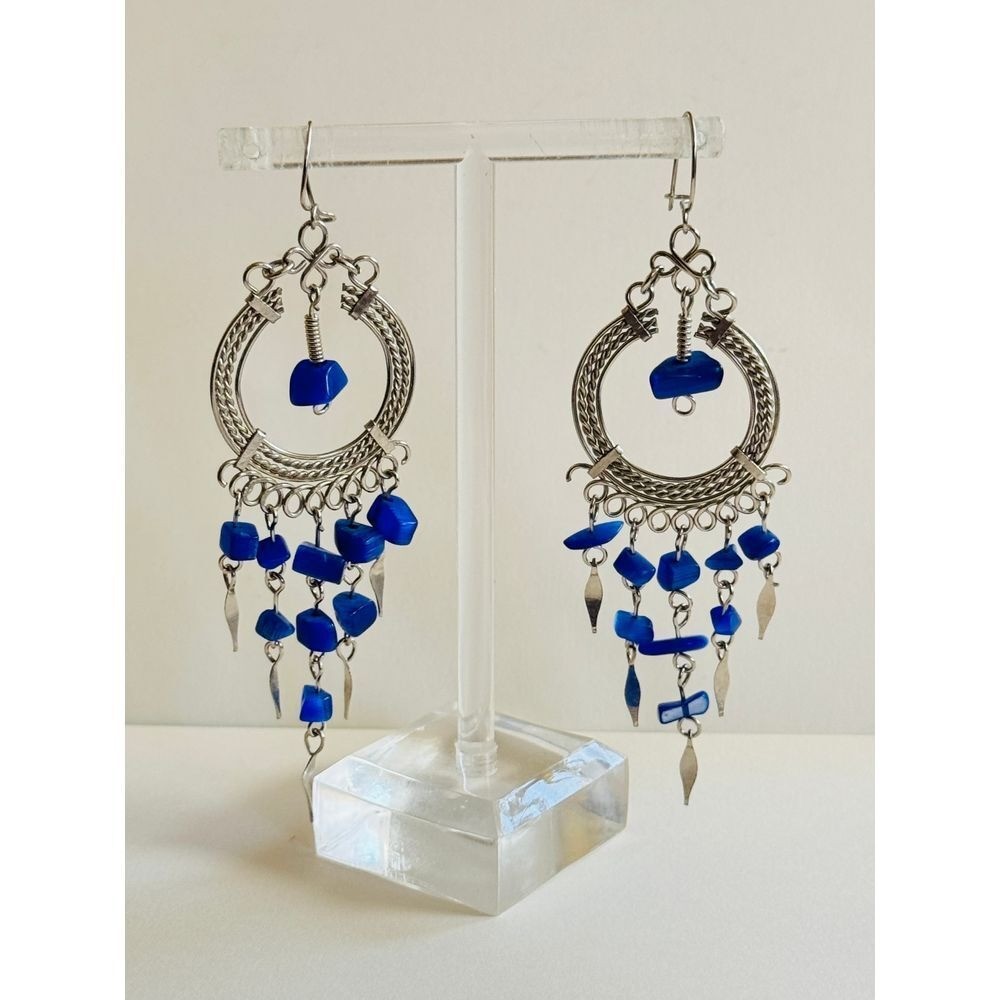 VTG hoop chandelier Earrings silver blue moonstone beads Flashy Dangle Pierced