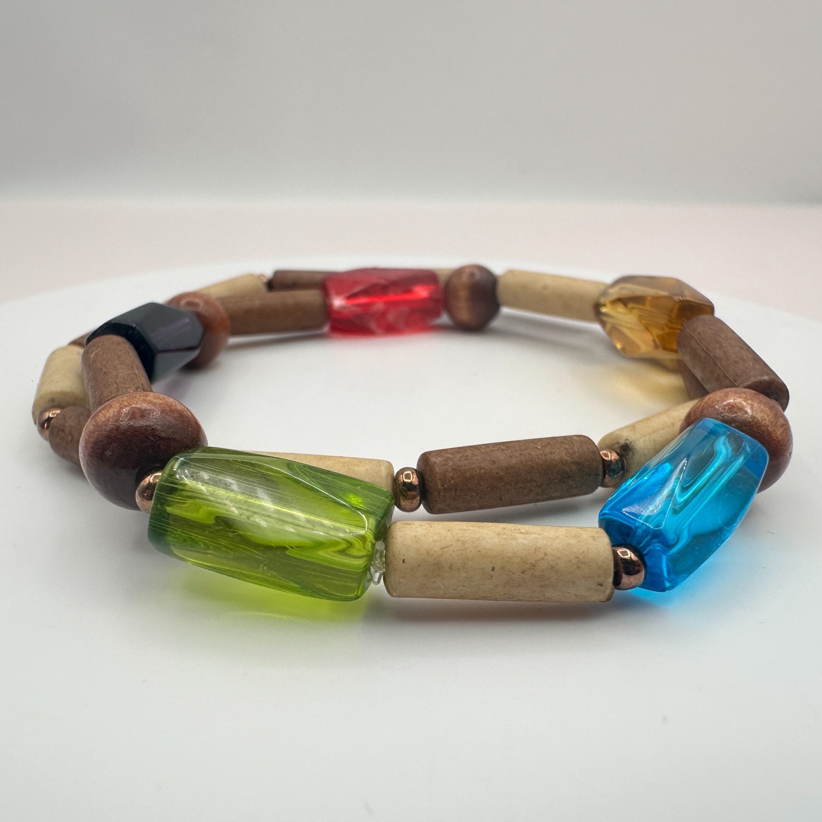 Vintage 90s Glass & Wood Bead Bracelets Set Boho Earthy Women’s Fashion Jewelry