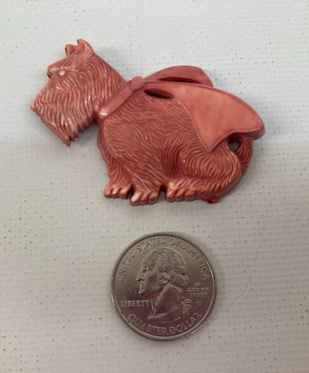 Vintage Pinkish Salmon Color Plastic Celluloid Scottie Dog Pin Brooch