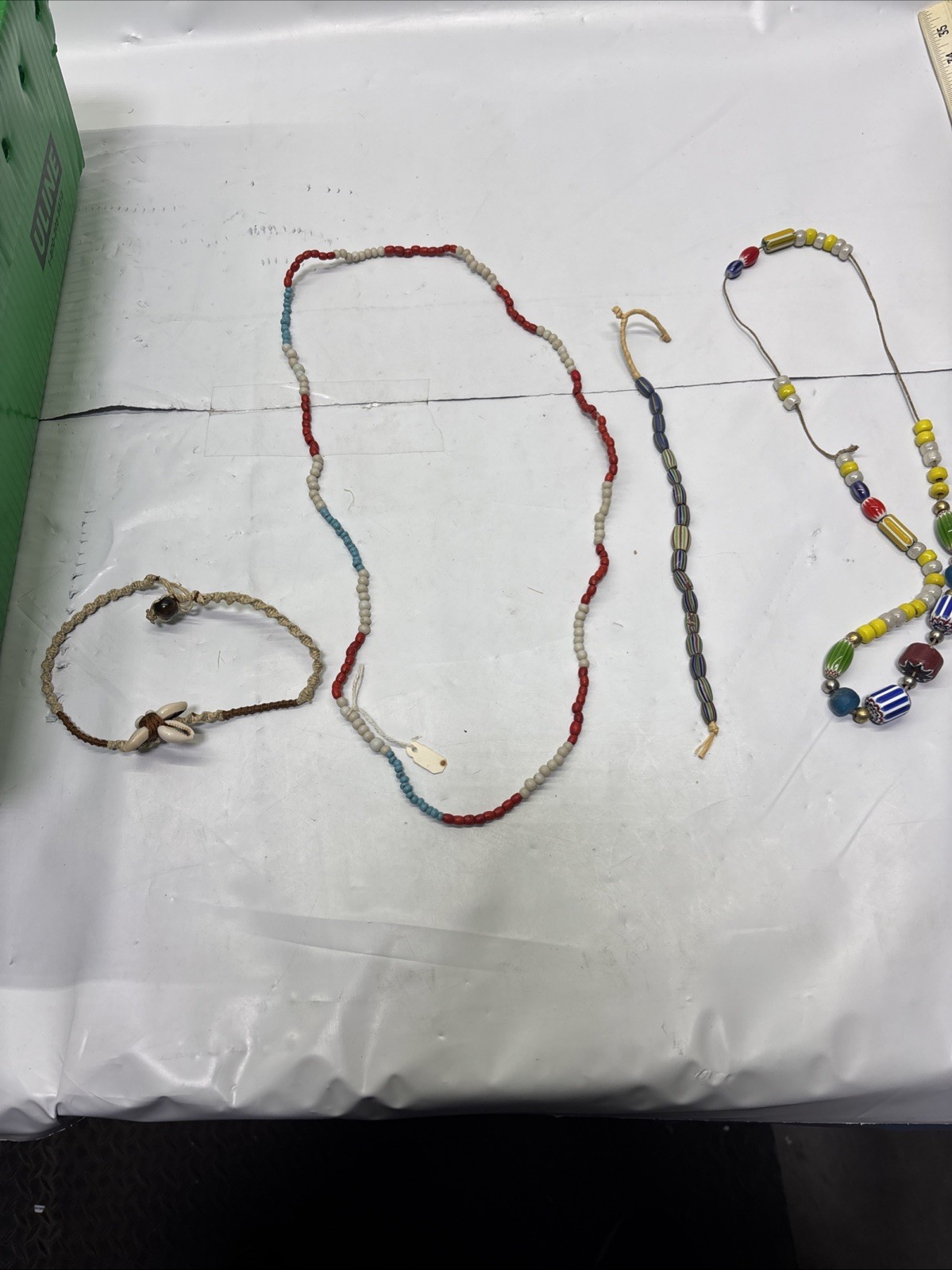 Lot of 3 Old /Ancient Venetian African glass trade beads & hemp Seashell Chocker
