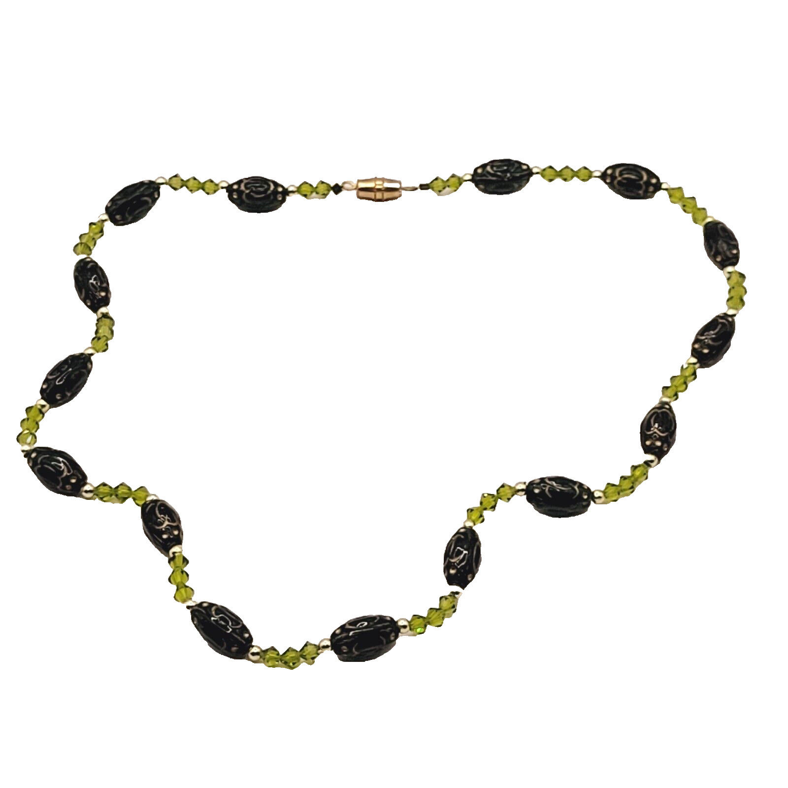 Green Art Glass Crystal Vintage Necklace Light & Dark Green Shades Gilded Beads