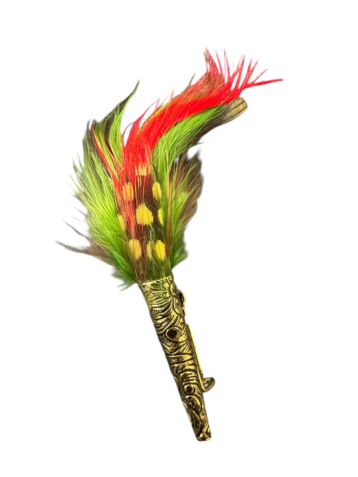 VTG Feather Hat Pin Brooch Green Red Gold Alpine Bavarian Tyrolean Oktoberfest