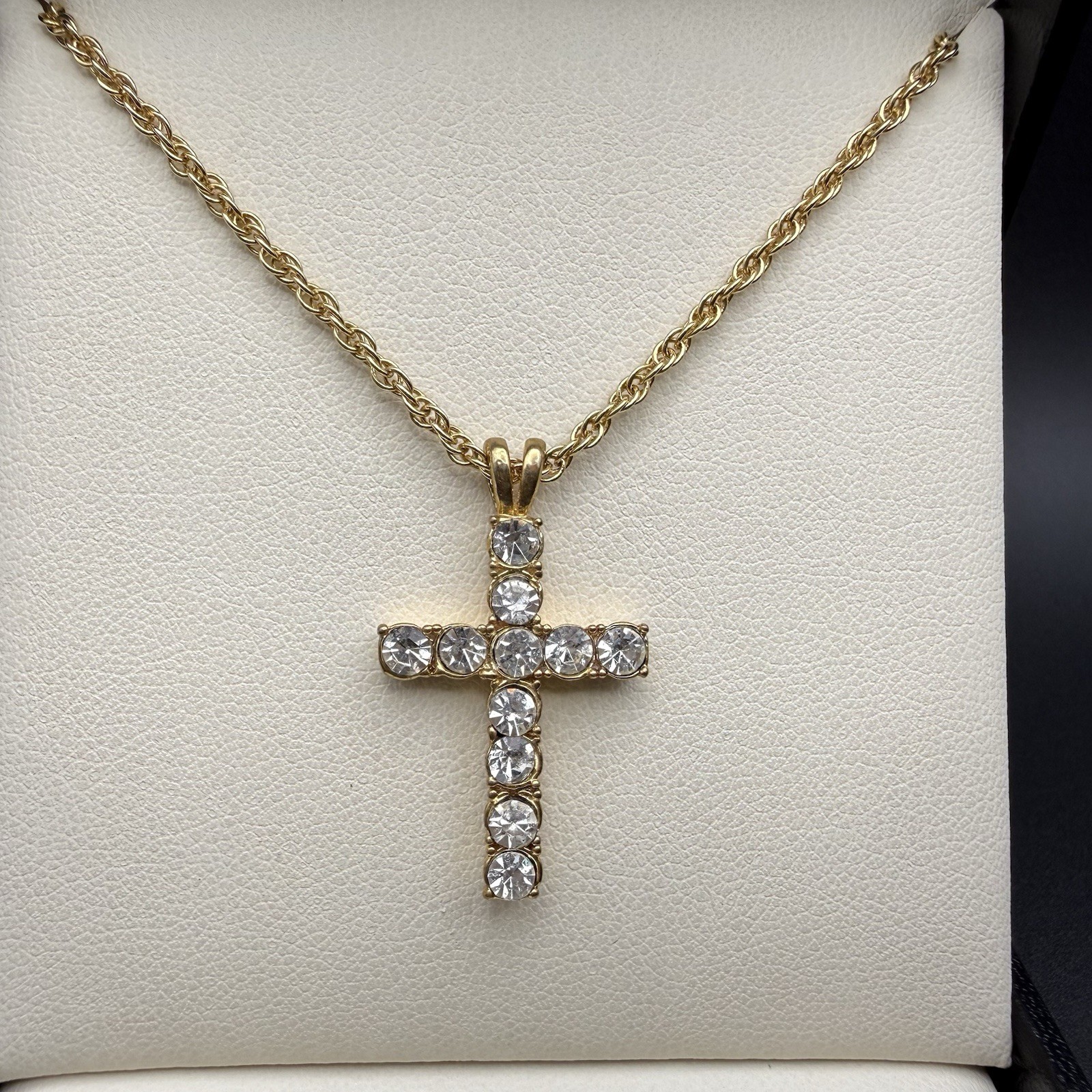 Vintage Gold Tone Cross Pendant Round Crystal Rhinestone Necklace Christian Gift
