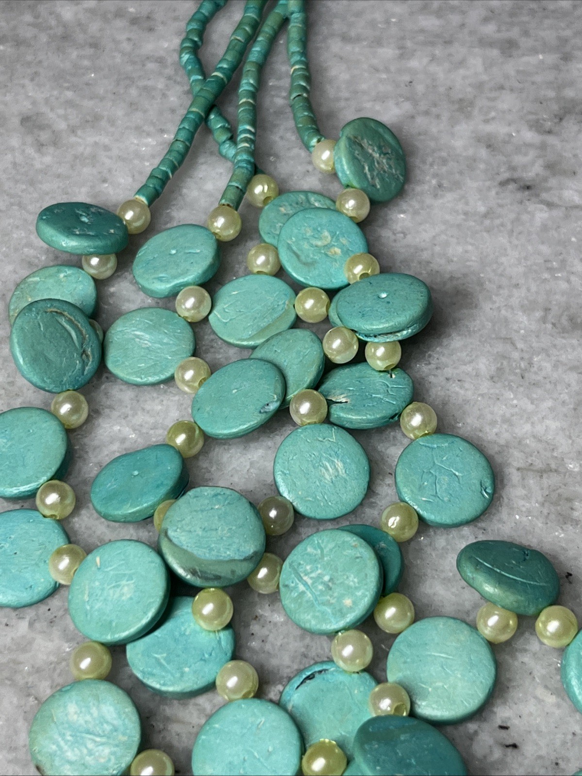 Turquoise Tone Cascade Necklace 4 Strand Layered Discs Beaded Faux Pearl Jewelry