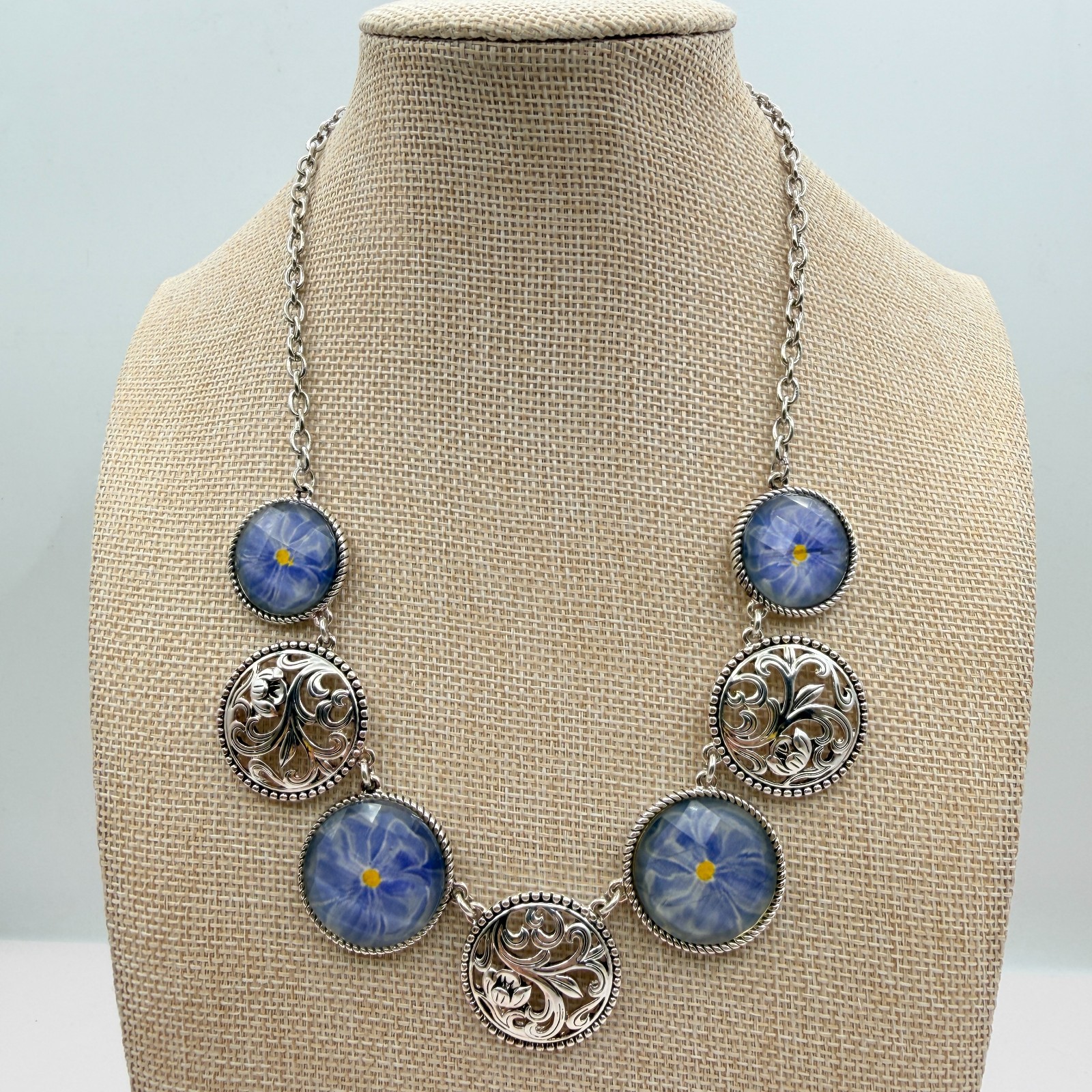 Vintage 90s Silver Tone Blue Flower Glass Cabochon Classic Fashion Jewelry Set