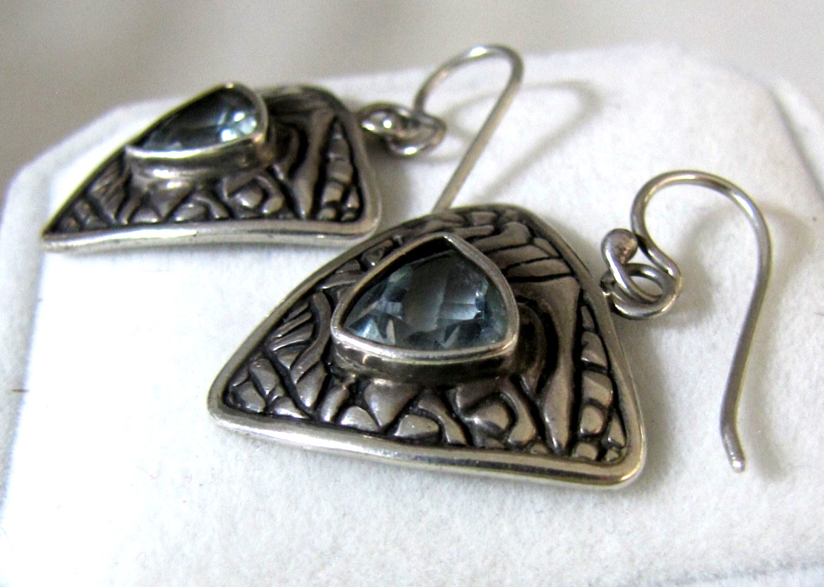 Vintage Sterling Silver Trillion Blue Topaz Tribal Shield Earrings Signed DC 925