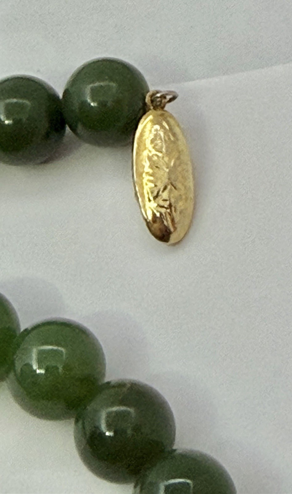 Vintage 8mm Dark Green Jade Beads Necklace Goldtone Clasp 23”