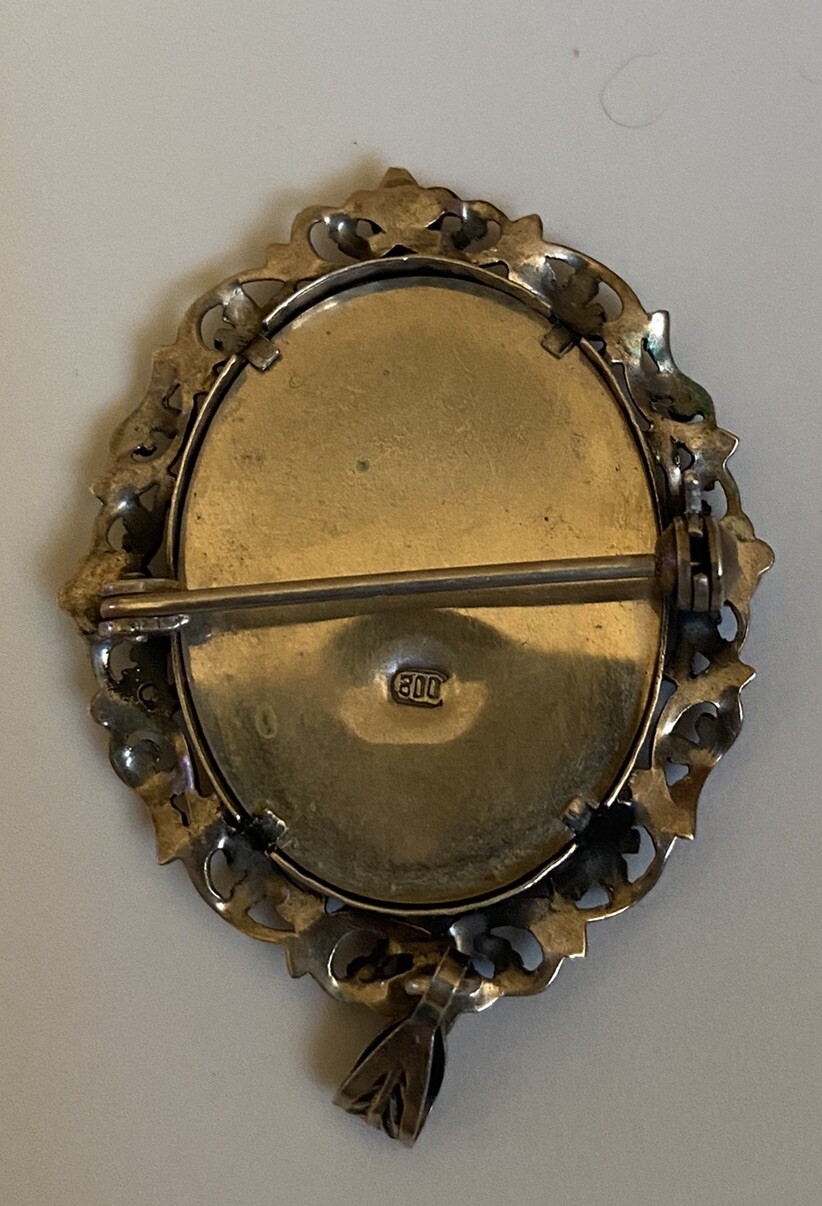 Vintage 800 Silver Filigree Blue Glass Hand Painted Portrait Brooch or Pendant