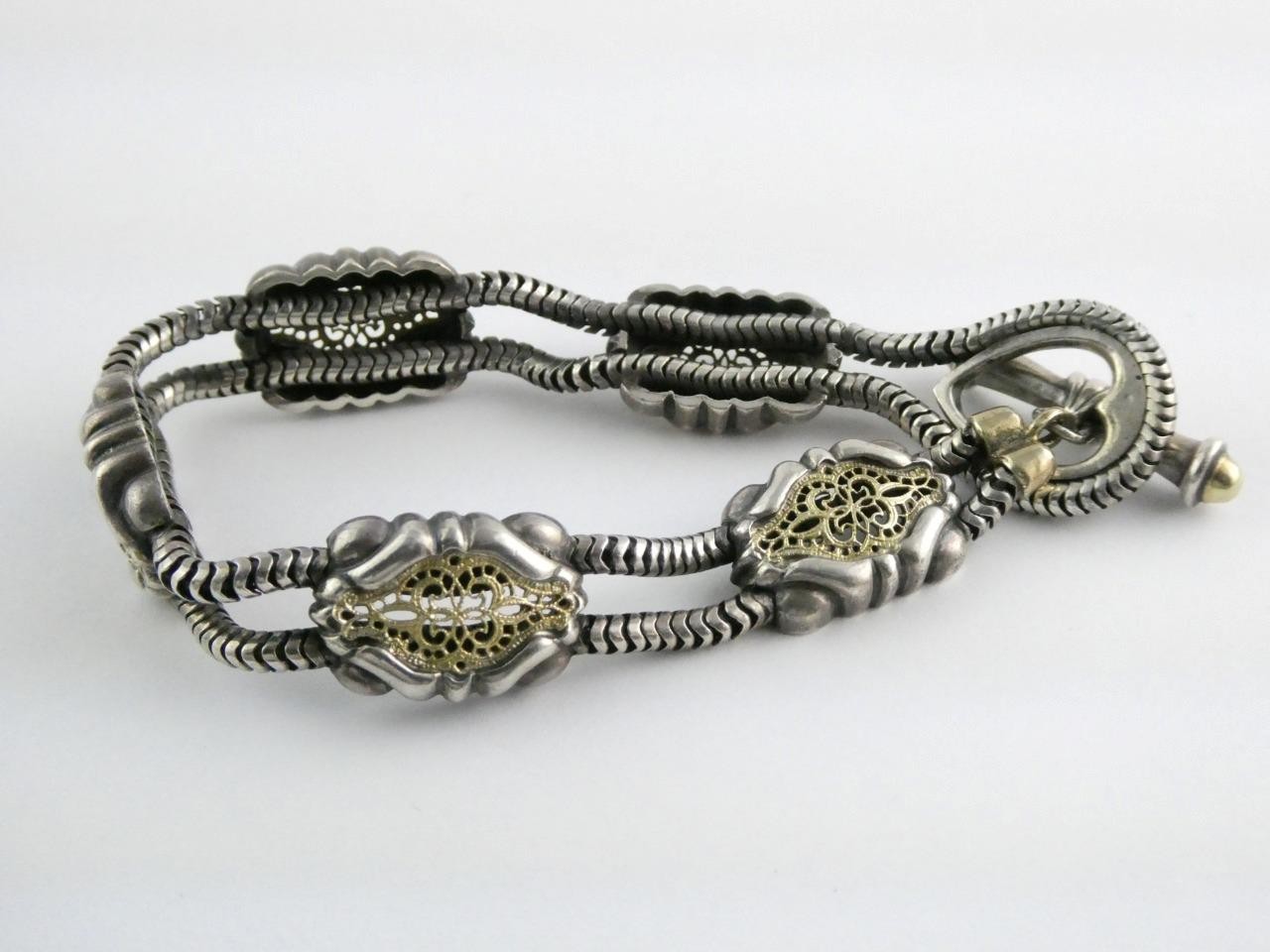 William Schraft Sterling Silver and 18k Gold Filigree Brutalist Bracelet 7.25 In