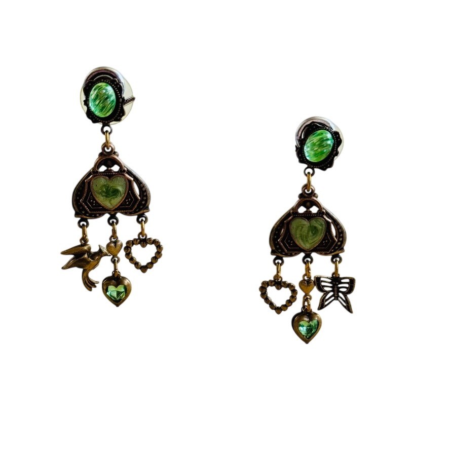 VTG Glass Works Studio Charm Earrings Crystal Enamel Heart Bird Victorian Style