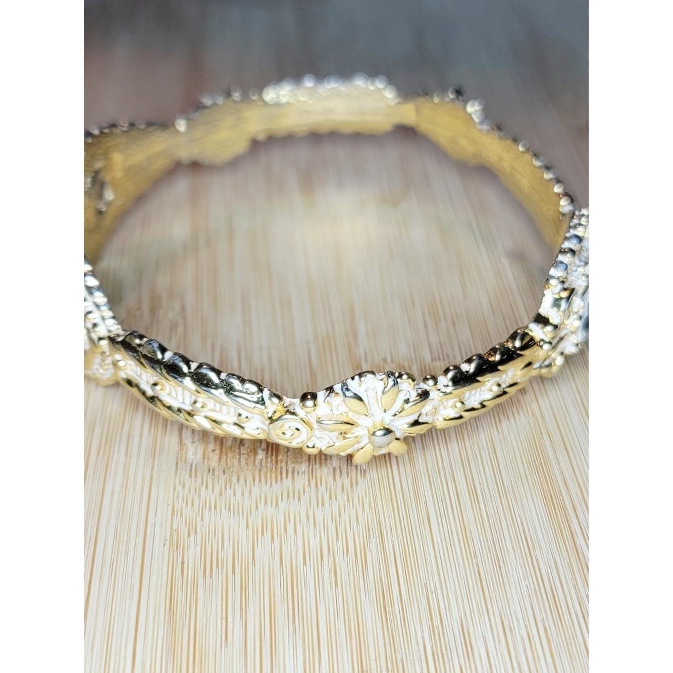 Vintage Gold Tone Rhinestone Bracelet White Enamel Ornate Hinged Bangle