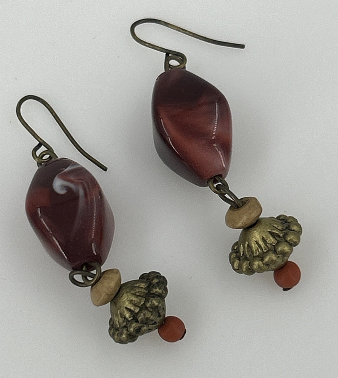 Vintage Redish Brown Marbled Resin Boho Dangle Earrings