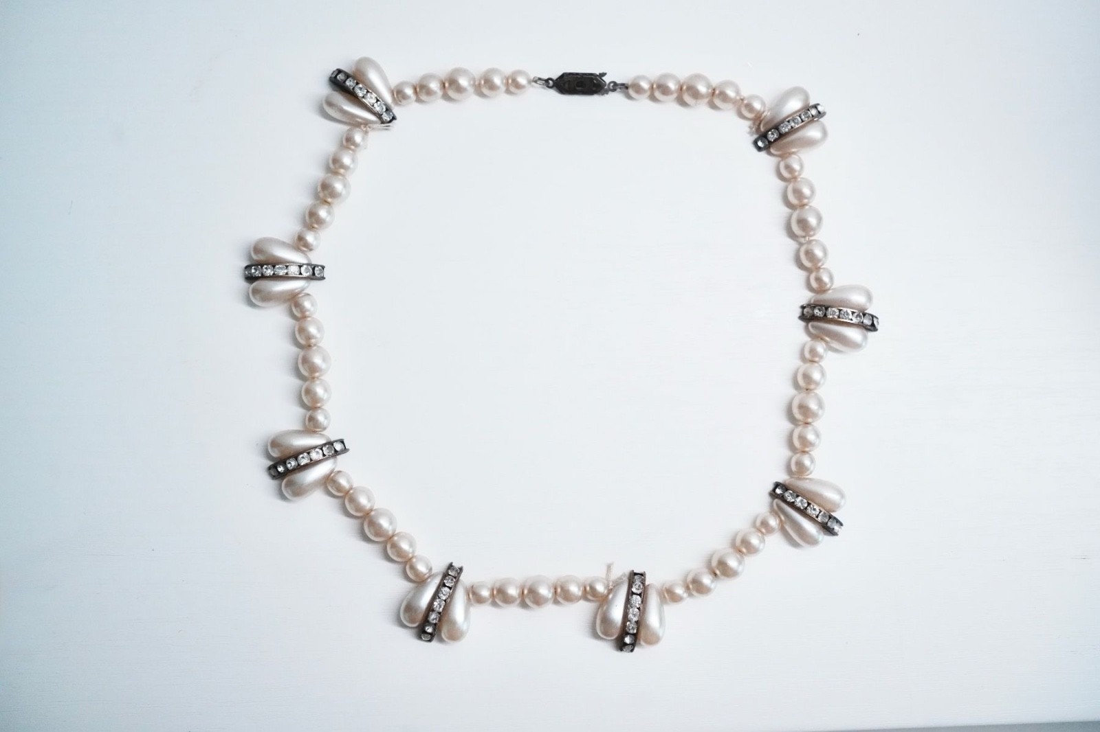 Vintage pearl necklace wax beads rhinestone rondelle Art Deco.